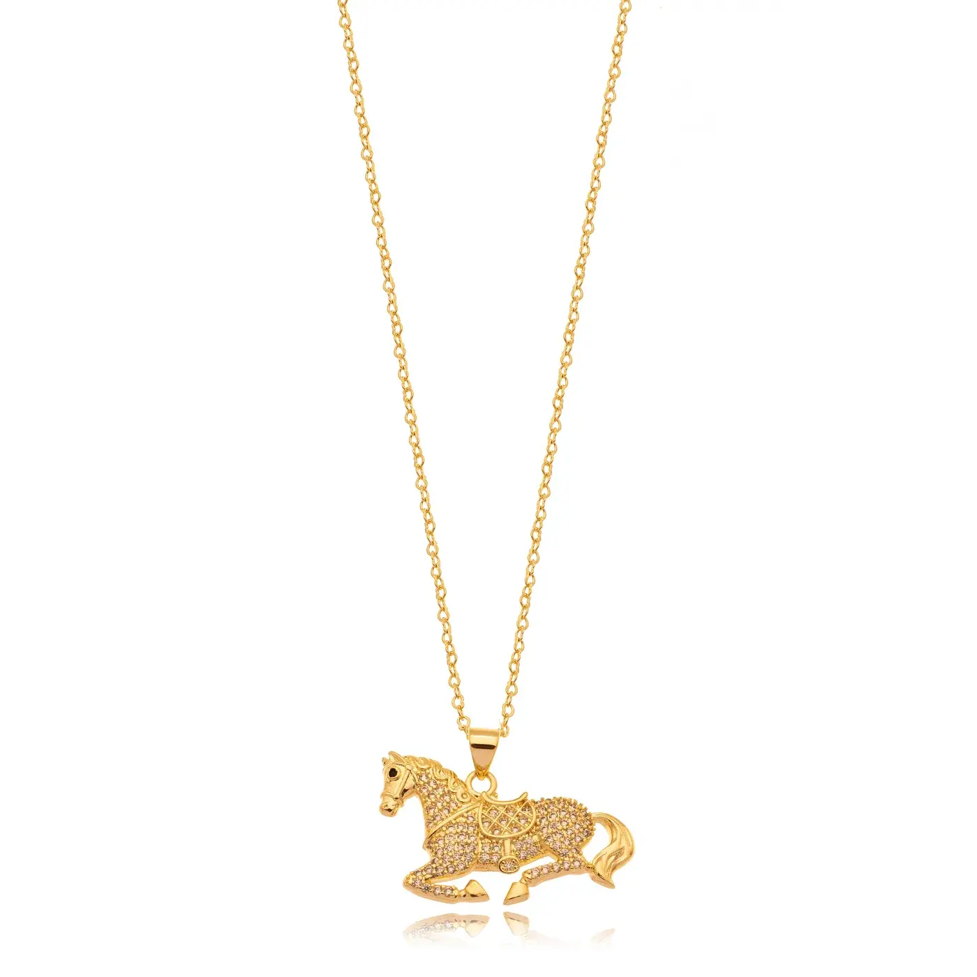 Colar folheado a ouro com pingente de cavalo cravejado