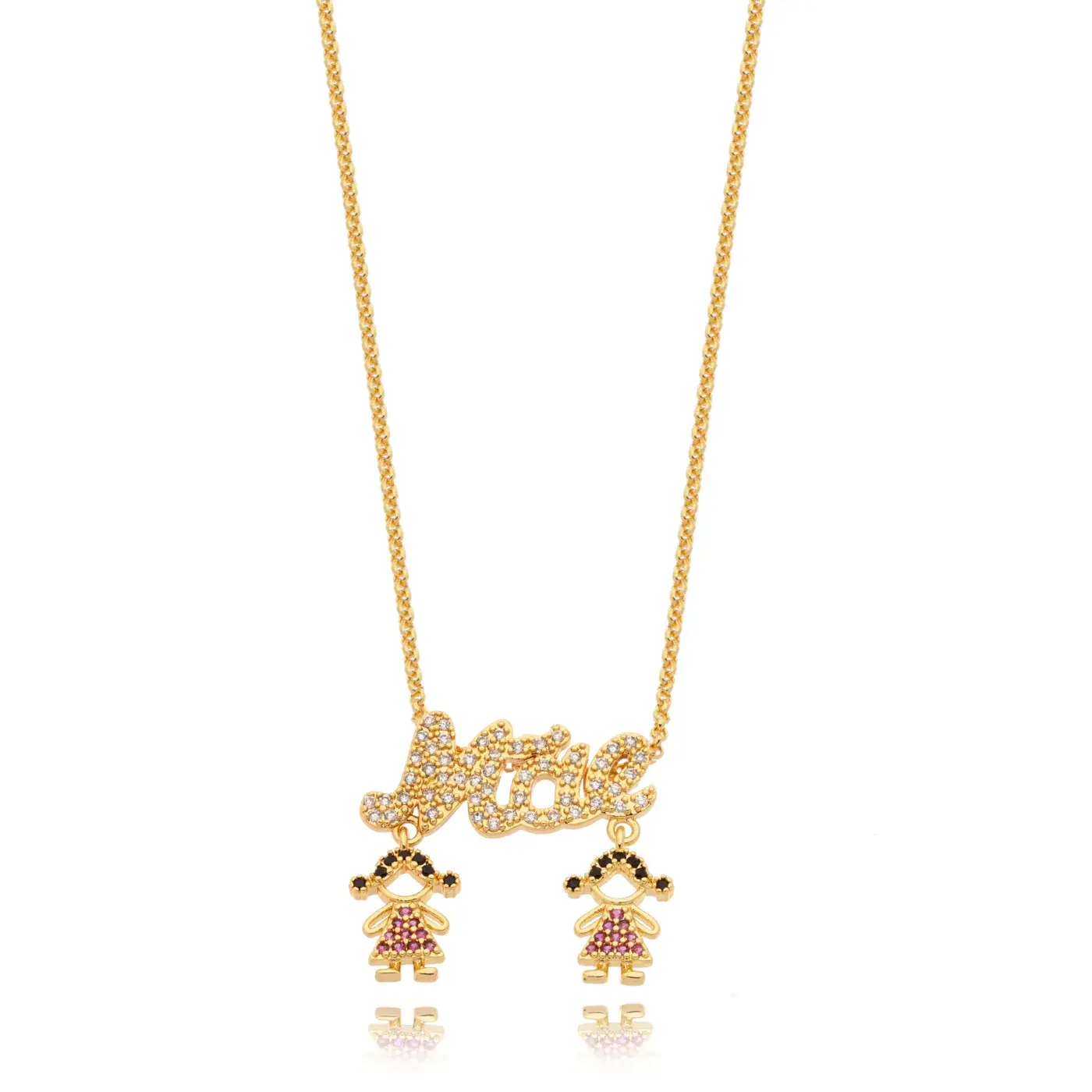 Colar folheado a ouro com pingente 'Mãe' e charms de duas filhas